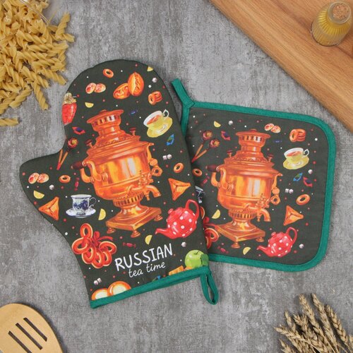 Набор кух Этель Самовар прихватка 19х19 см варежка-прихватка 20х28 см 100 хл 643₽