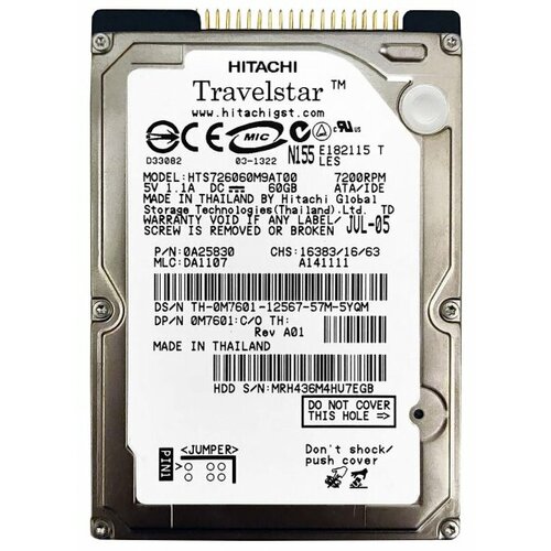 Жесткий диск Hitachi 08K0849 60Gb 7200 IDE 2,5 HDD жесткий диск ibm 0e666 60gb 7200 ide 3 5 hdd
