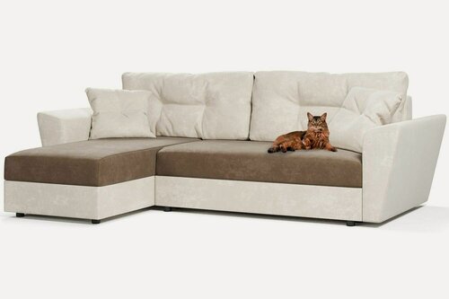 Изображение товара Угловой диван Амстердам еврокнижка, коричневый и бежевый велюр Кабрио, подушки бежевые, левый угол