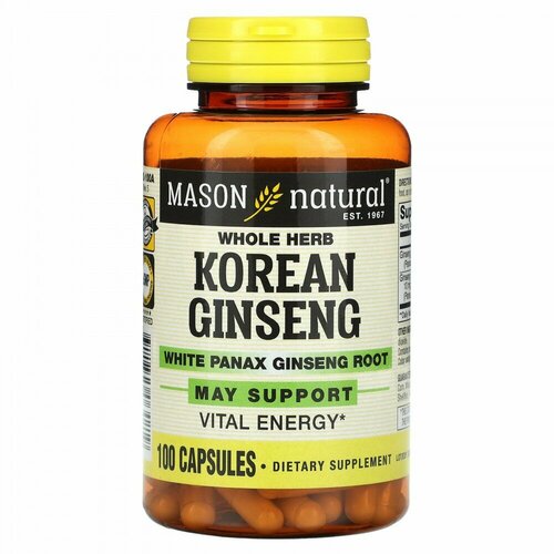 Mason Natural, Whole Herb Korean Ginseng with White Panax Ginseng Root, 100 Capsules