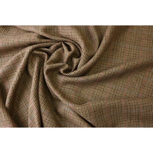 Ткань коричневый костюмный шелк со льном в мелкую клетку