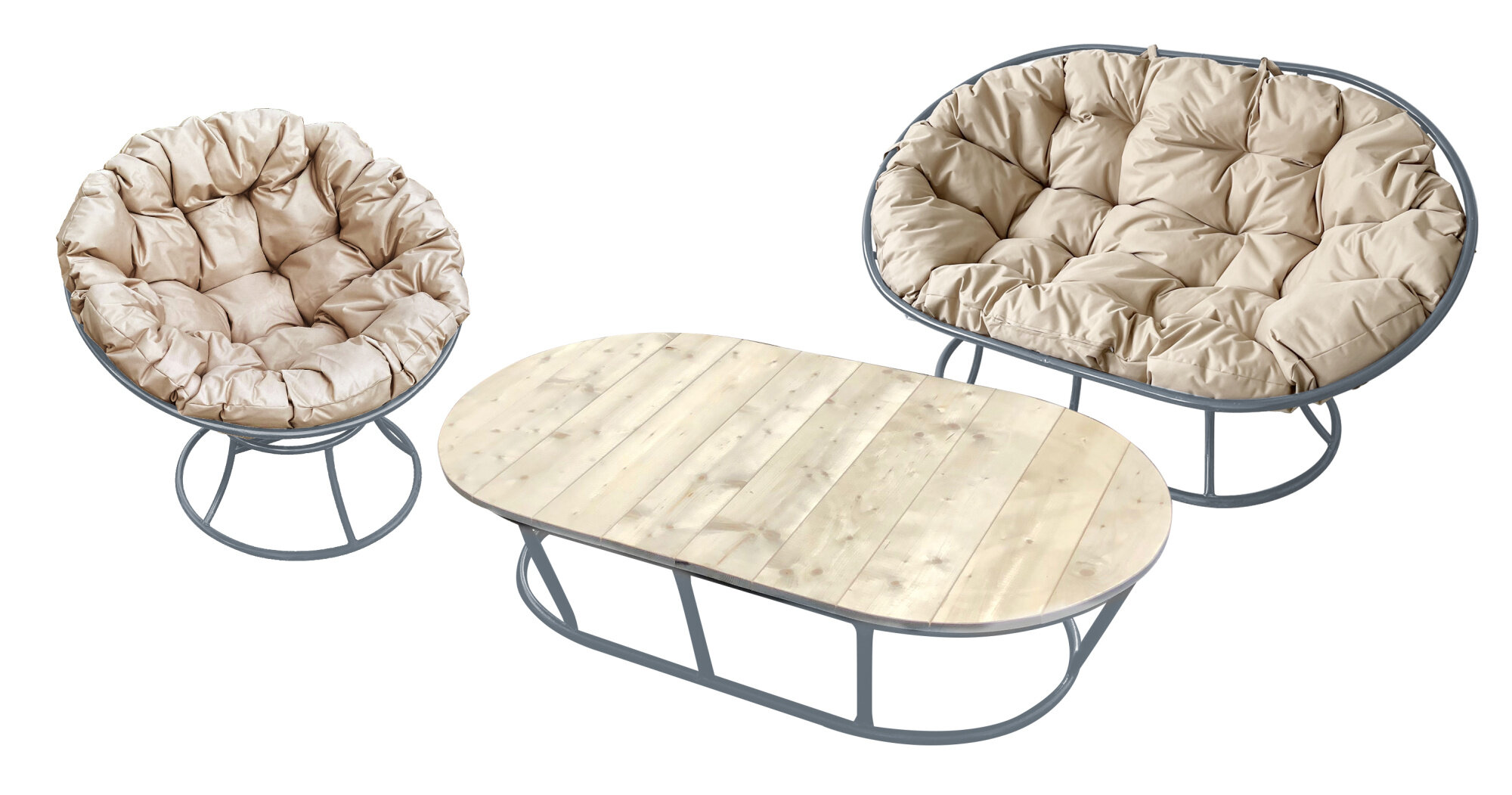 Комплект M-group мамасан, папасан и стол без ротанга серое бежевая подушка