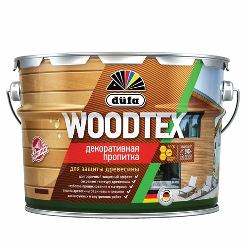 Декоративная пропитка для древесины Dufa Woodtex полуматовая (9л) бесцветный водоотталкивающая пропитка dufa woodtex 0 9 л бесцветный