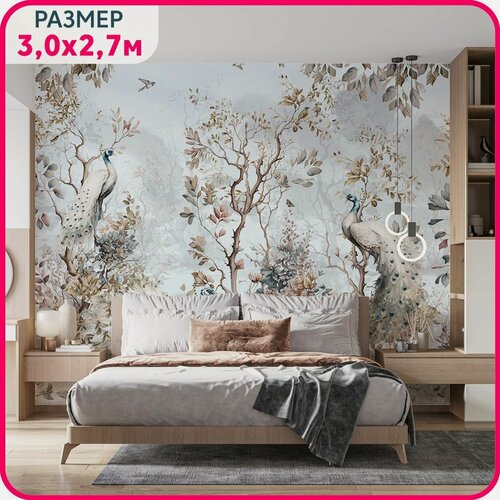 Изображение товара Фотообои птицы на стену MOBI DECOR "Павлины в саду" в спальню, в гостиную и на кухню 300x270 см.