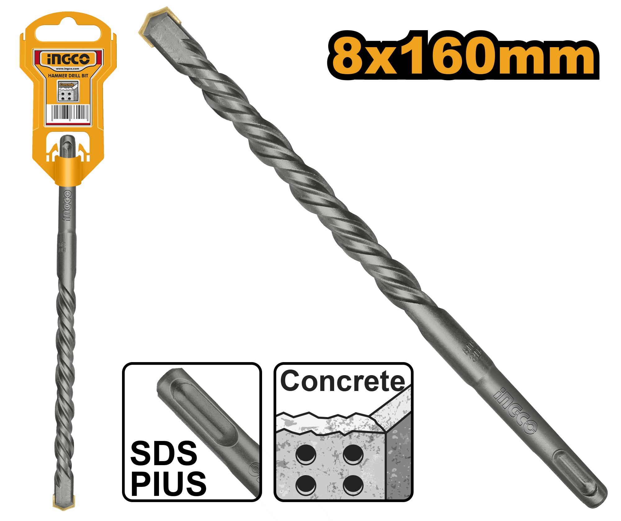 Бур по бетону SDS-plus 8х160 мм INGCO DBH1210802 INDUSTRIAL