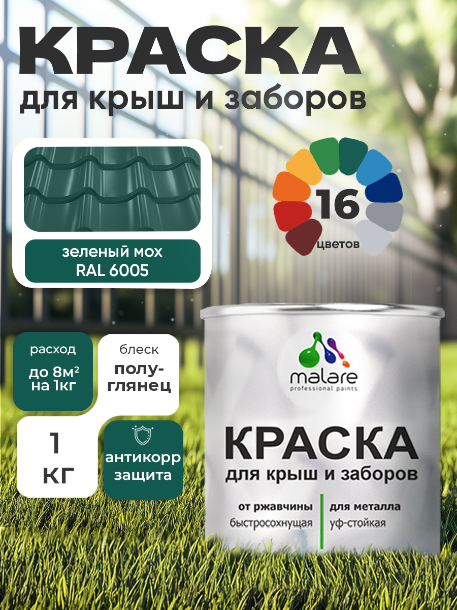 Краска Malare для металлического забора, для крыши из металла, для металлочерепицы, антикоррозионная, глянцевый, зеленый мох, 1 кг.