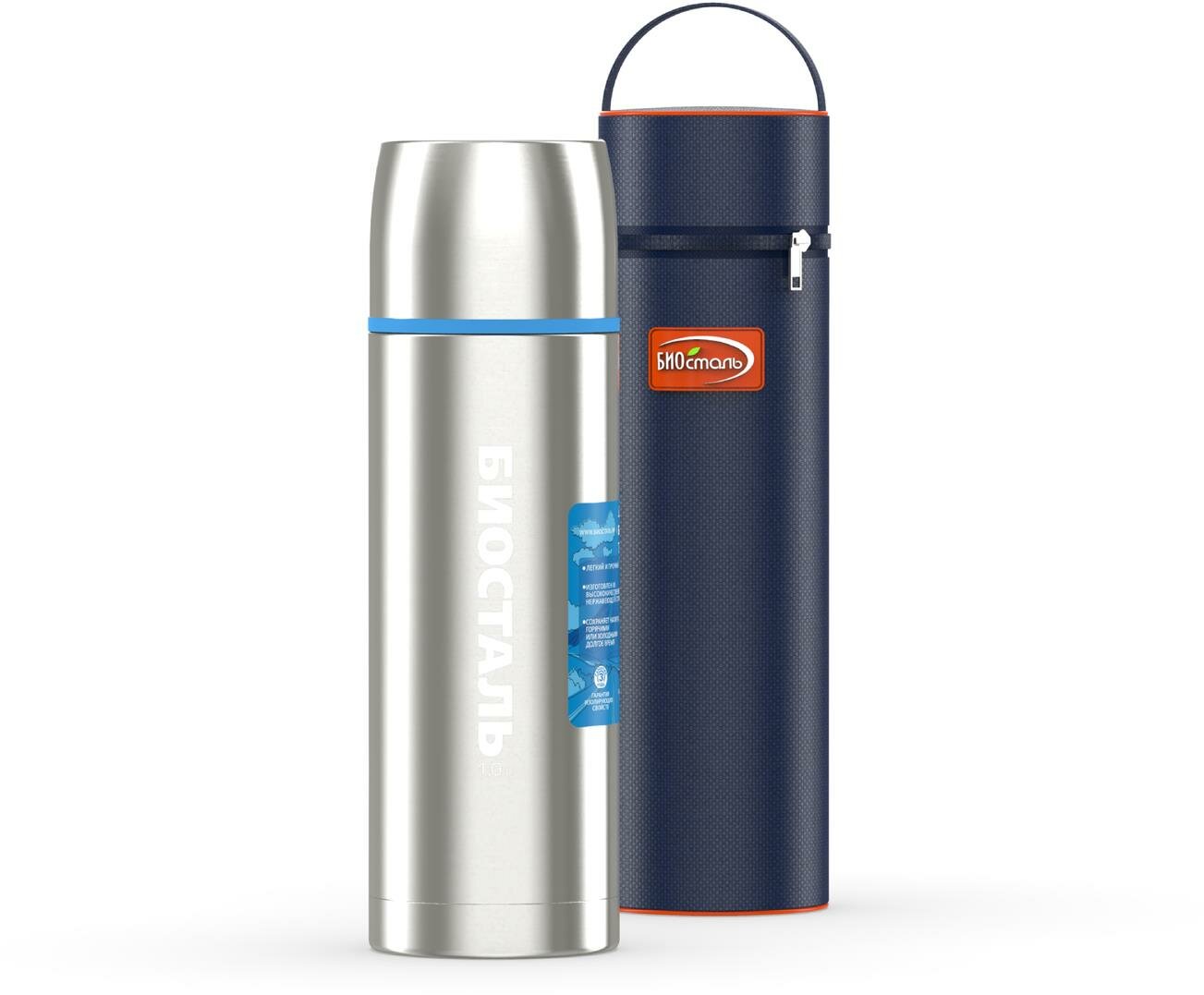 Термос биосталь NBP 1000 1  1 л  высота 28 6 см  серебристый серый