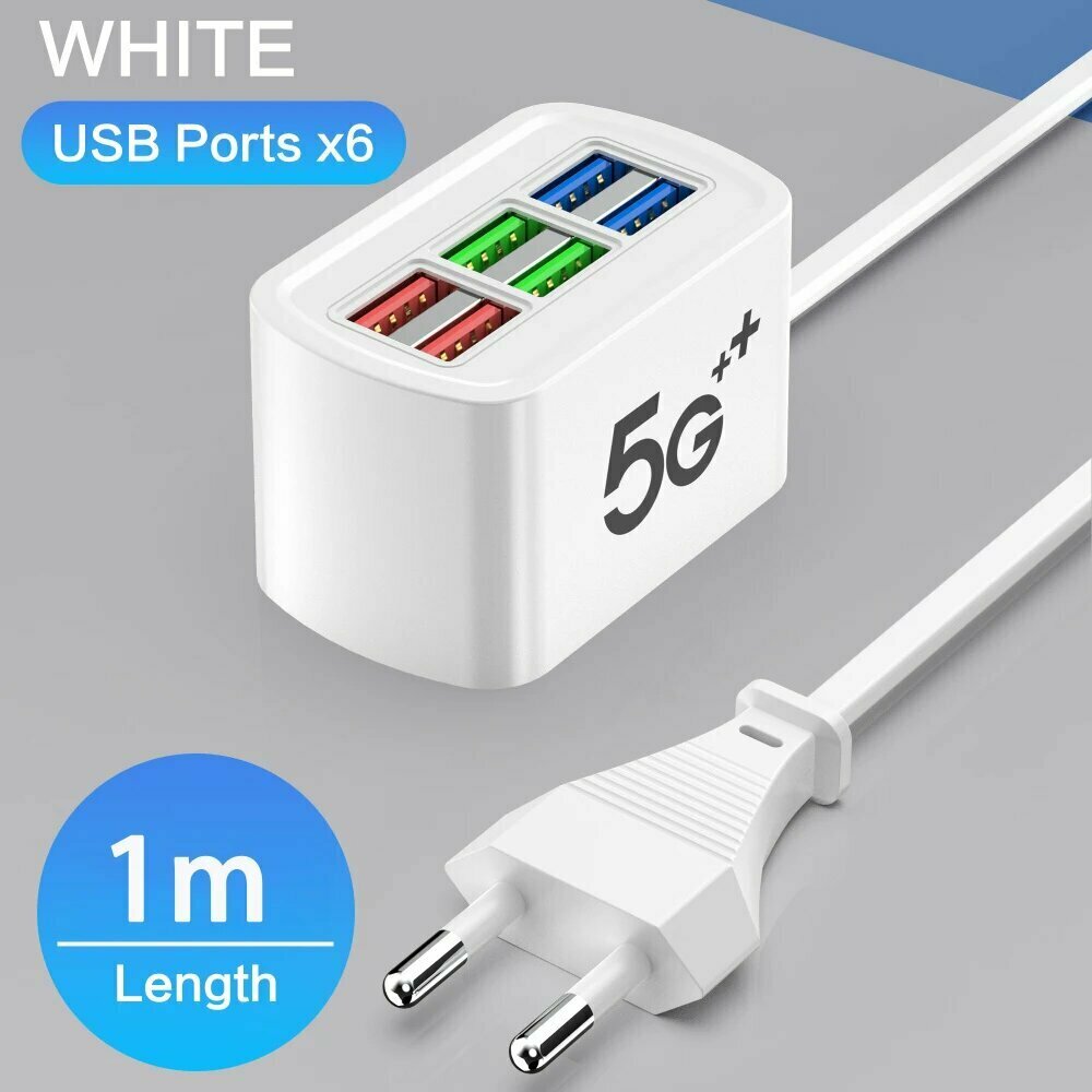 Быстрая зарядка USB-зарядное устройство 6 в 1, удлинитель, настольная зарядная станция, адаптер USB-концентратора, многопортовый шнур 1 м для iPhone, Samsung, дома, White EU