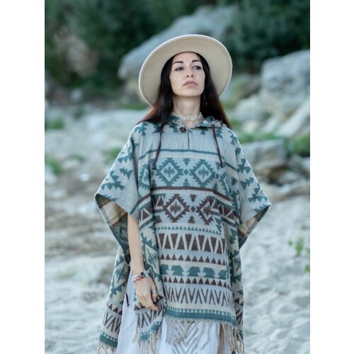 Пончо  Dikovina, демисезон/лето, шерсть, средней длины, карманы, капюшон, размер one size, голубой, серый