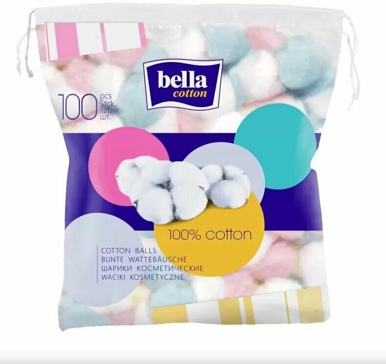 Ватные диски, Bella, Cotton, шарики из ваты цветные, 100 шт