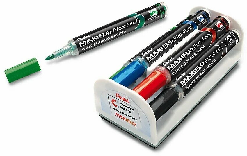 Набор маркеров Pentel для досок, Maxiflo Flex-Feel, 5 мм кисть, 4 цвета, с магнитной губкой