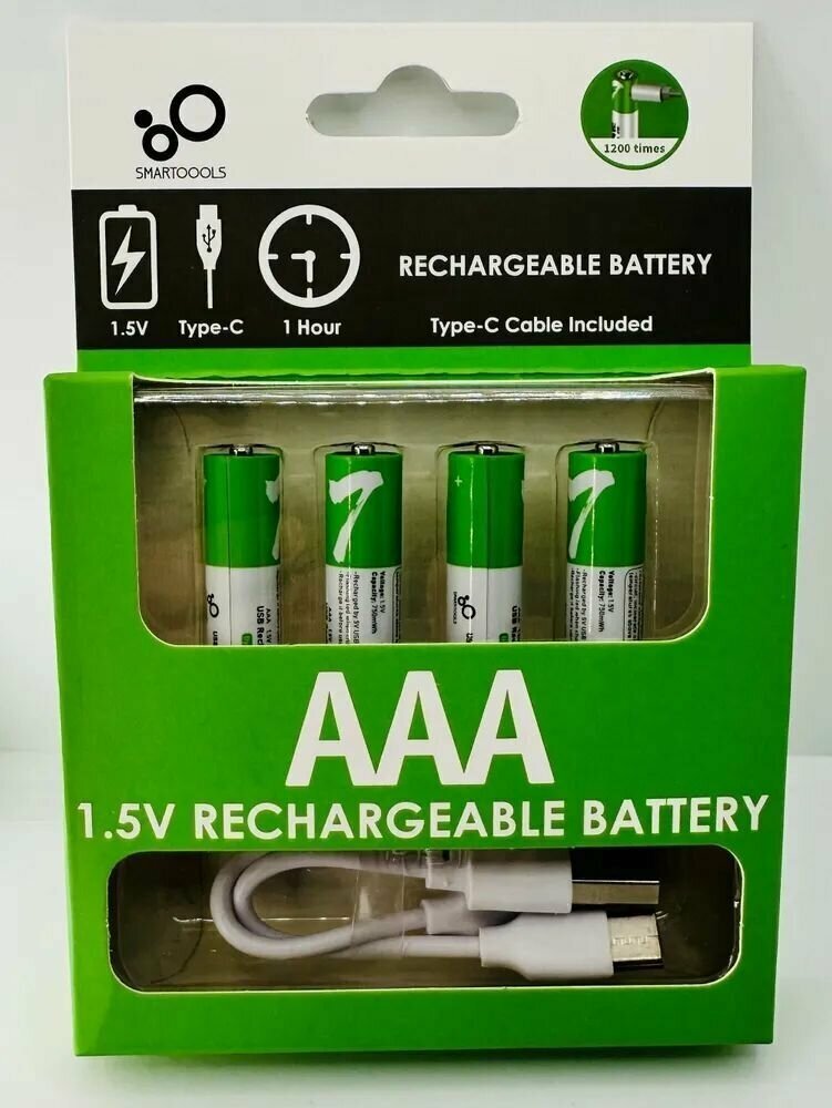 Аккумуляторные Батарейки "AAA" Smartools 400 mAh (4 шт. в блистере, перезаряжаемые от Type-C)