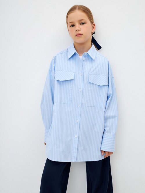 Школьная рубашка Sela, свободный силуэт, на пуговицах, длинный рукав, карманы, размер 152, голубой
