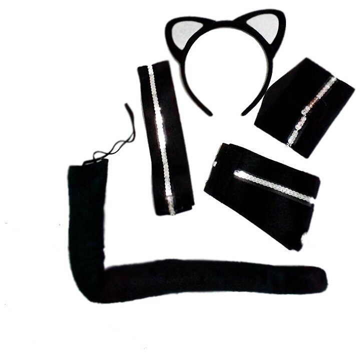 Набор кошки 5 предметов ободок с ушами + чокер + хвостик + браслеты цвет черный