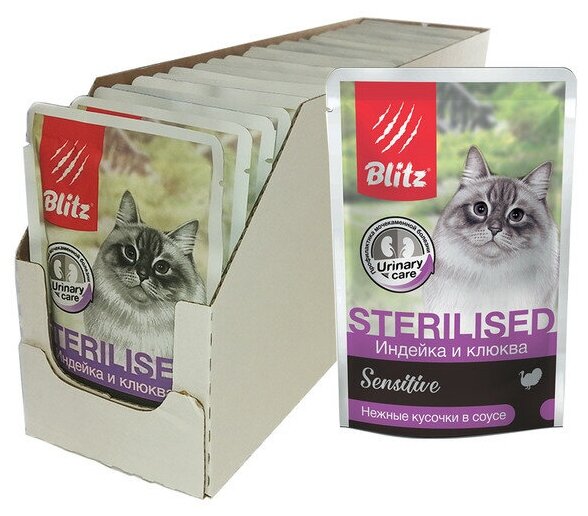 Консервированный корм BLITZ для стерилизованных кошек и кастрированных котов Индейка и клюква, кусочки в соусе 85 гр Х 24 шт