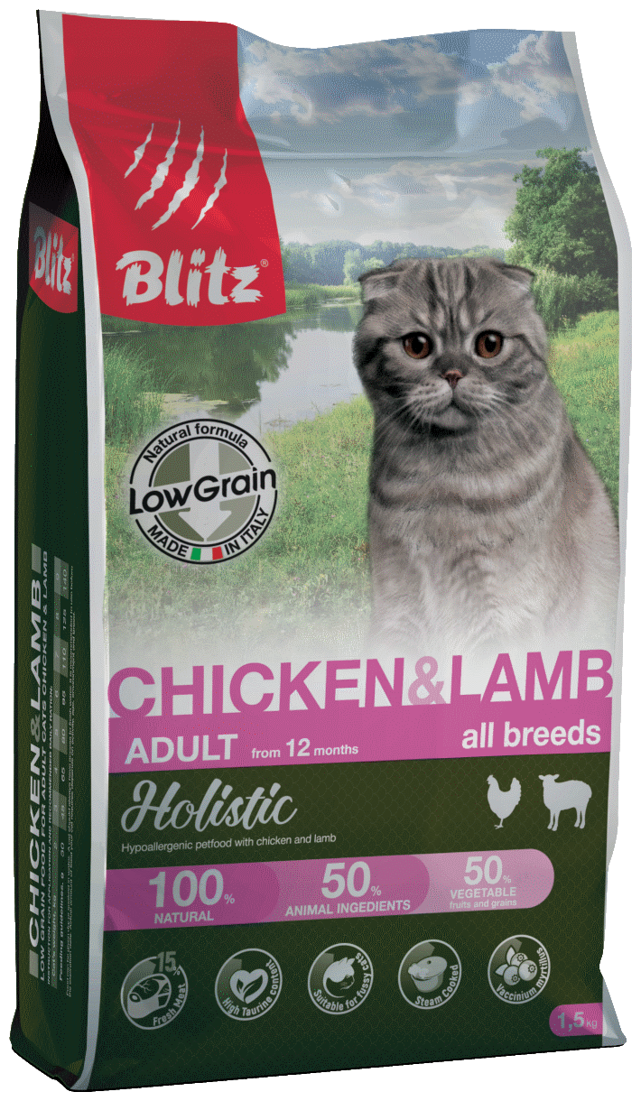 BLITZ Holistic ADULT CAT CHICKEN & LAMB низкозерновой корм для кошек Курица и Ягненок 400г - фотография № 2