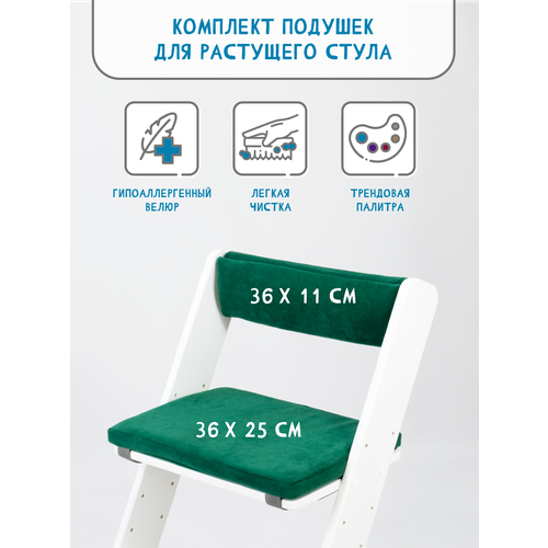 Комплект подушек на растущий стул, чехлы накидки из износостойкого велюра, цвет зеленый