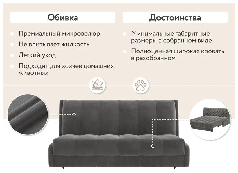 Диван тканевый прямой D1 furniture Ричмонд 160 НзПБ серый - фотография № 7