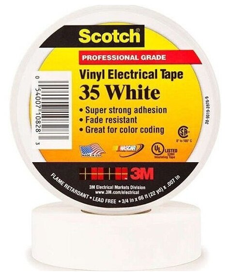 ПВХ изолента высшего класса 3M Scotch 35 белая 19мм x 20м x 018мм