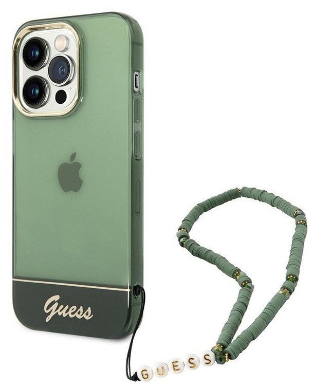 Guess чехол со шнурком на руку для iPhone 14 Pro, Translucent Electoplated camera зеленый