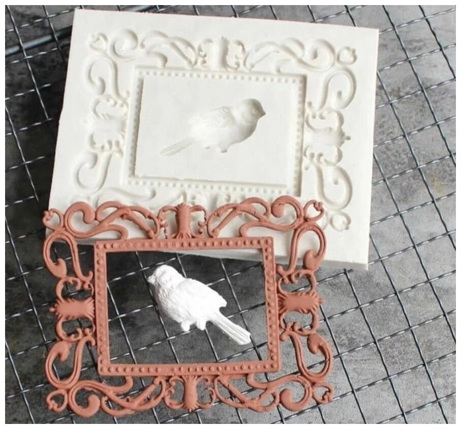Молд силиконовый ретро рамка с птичкой 10.3x8.2 см, форма для мастики птичка в рамке, молд для украшения - фотография № 1