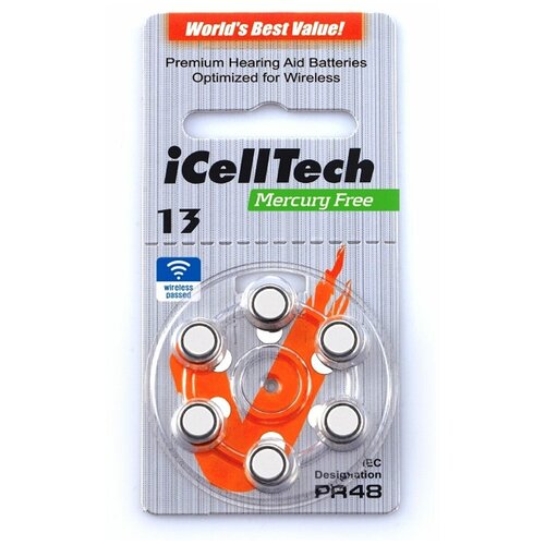 Батарейки iCellTech ZA 13 для слухового аппарата, 1 блистер, 6 батареек.