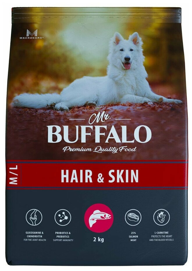 Mr.Buffalo Hair & Skin Care полнорационный сухой корм для взрослых собак всех пород, для здоровой кожи и красивой шерсти, с лососем - 2 кг