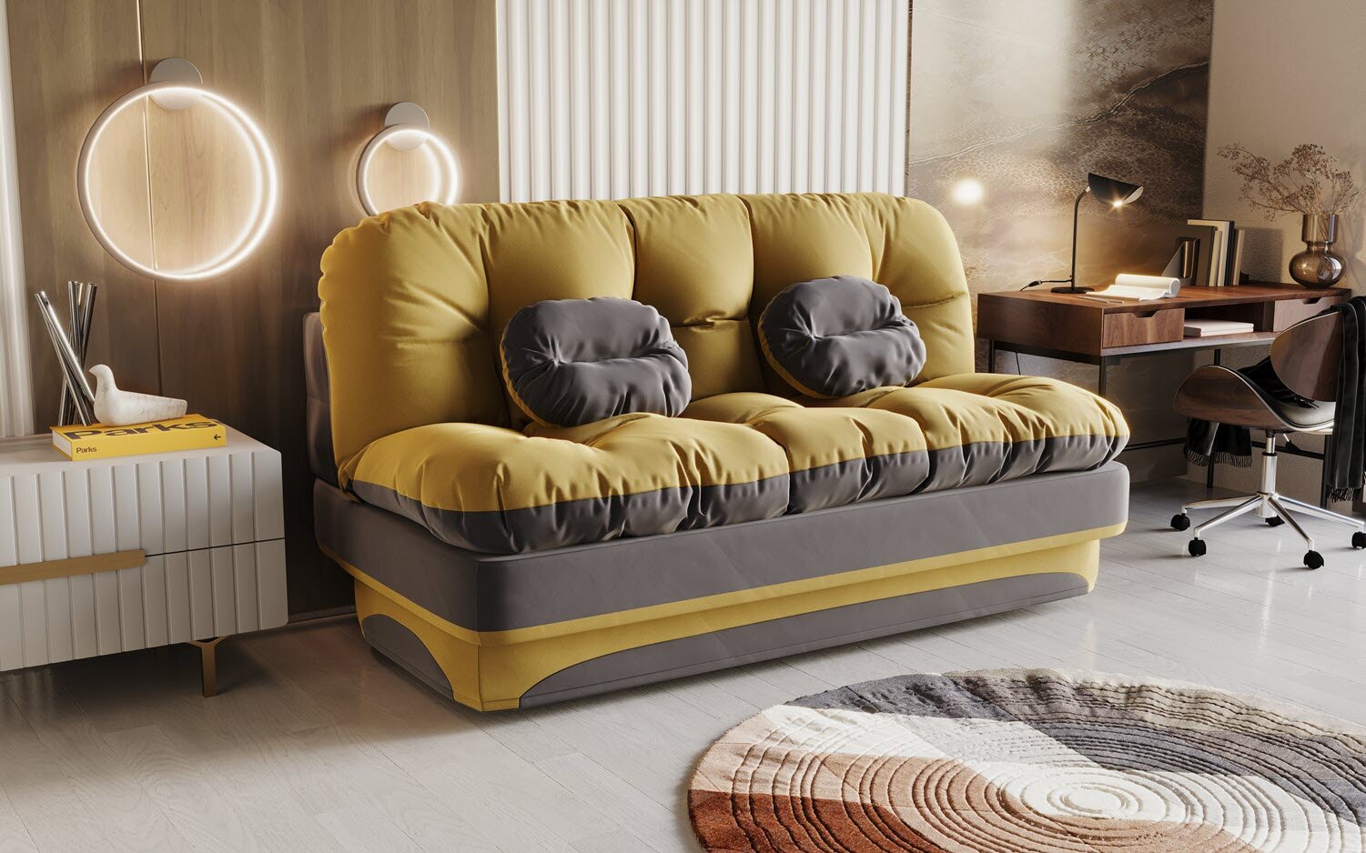 Диван кровать бескаркасный Байкал 190*98 см, спальное место 190*130 см, желтый с серым