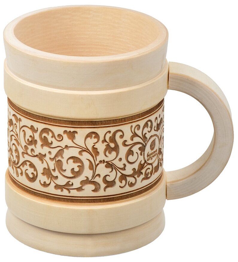 фото Кружка точёная, 1 л, "Бочонок", с выжигом, липа Класс Б "Банные штучки"