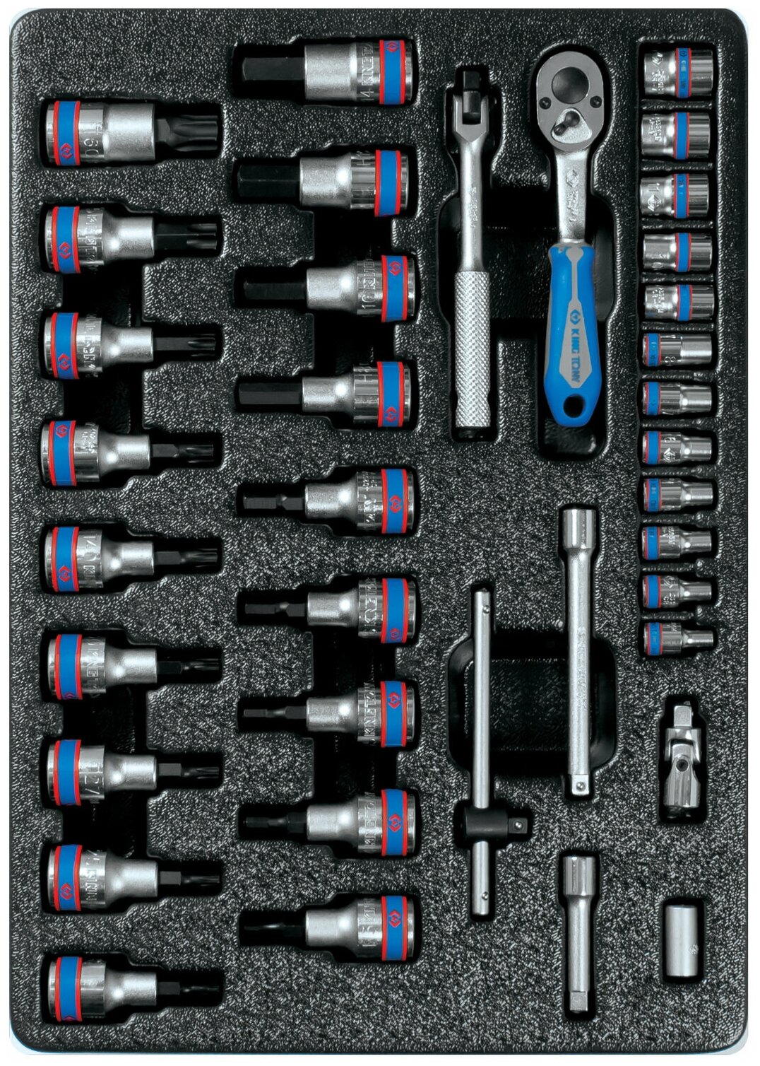 Набор торцевых головок 1/4" с принадлежностями, торцевые насадки Hex и Torx, ложемент, 37 предметов KING TONY 9-7537MR