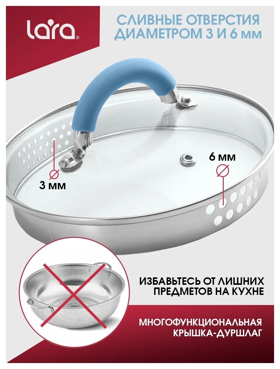 Кастрюля LARA LR02-444 Sky Blue, 5,7л, d 24см, с крышкой дуршлак, для всех видов плит - фотография № 10