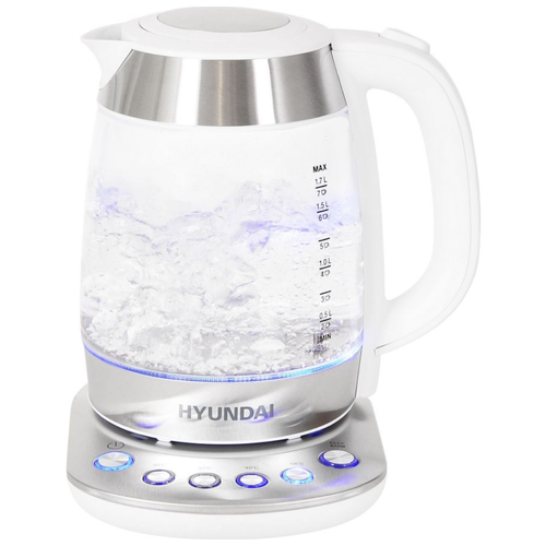 Чайник электрический Hyundai, чайник мощностью 2200Вт, чайник с выбором температуры воды, чайник объемом 1,7л, чайник бело-серебристого цвета