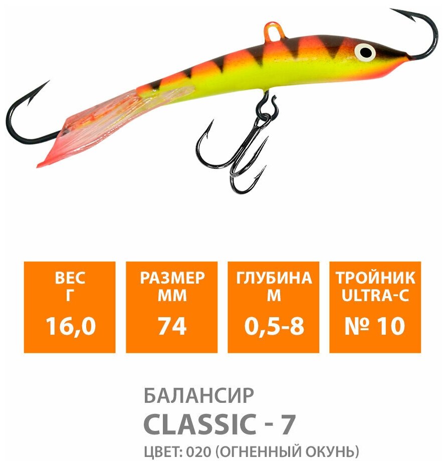 Балансир для зимней рыбалки AQUA Classic-7 74mm 16g цвет 020R
