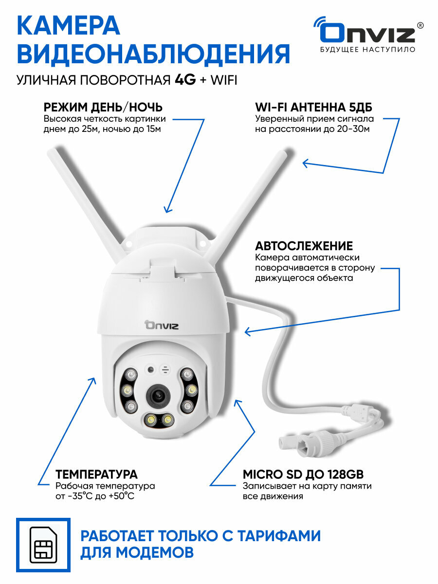 Купольная поворотная 4G WiFi камера видеонаблюдения Onviz U70, беспроводная уличная камера для дачи, для дома