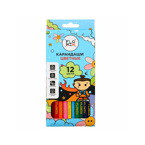 Flomik карандаши 12 цветов 3-гранные заточ дерево 2м улучш прокрас кк премиум 1657₽