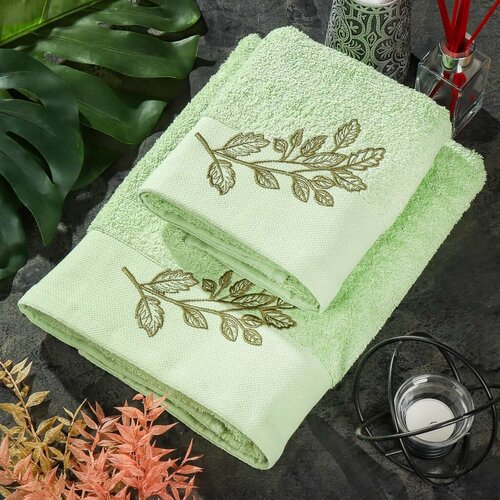 Набор полотенец 2 шт 50х80 70х130 см 100хл 450 гм2 Silvano Ветвь св-зеленбел листья Турц 3428₽
