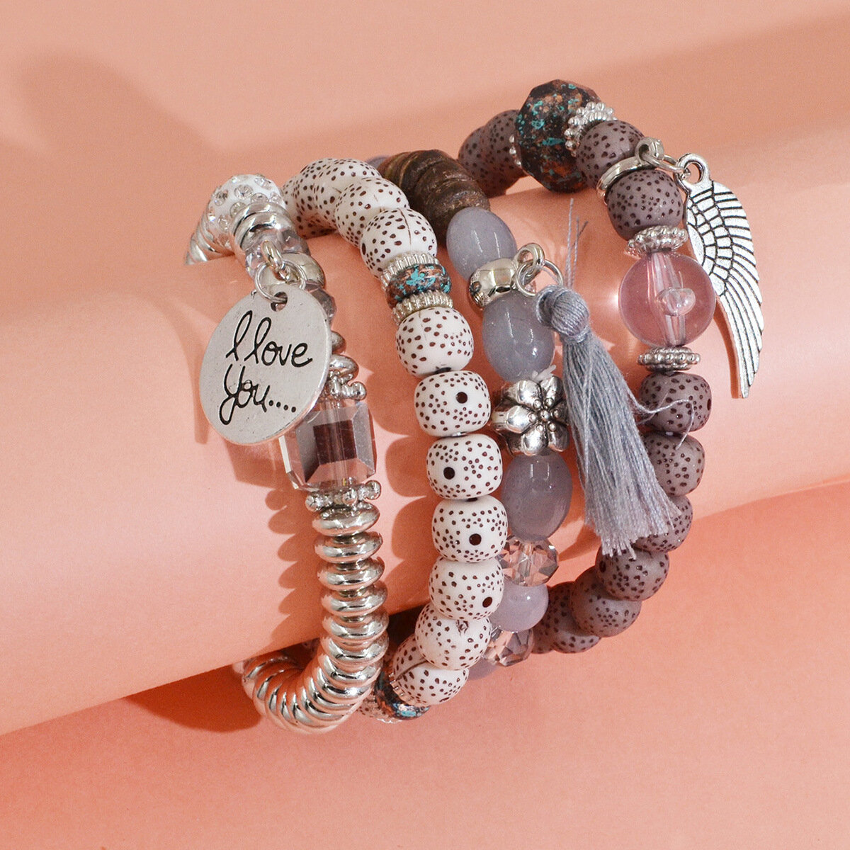 фото Браслет, браслет женский, браслет женский на руку, комплект браслетов, браслет из бусин, браслет с бусинками, браслет с бахромой плешоп brl-472276568-9653 этническом стиле, с подвесками, с бахромой, коричневый, ассорти, 4 шт, 22 см