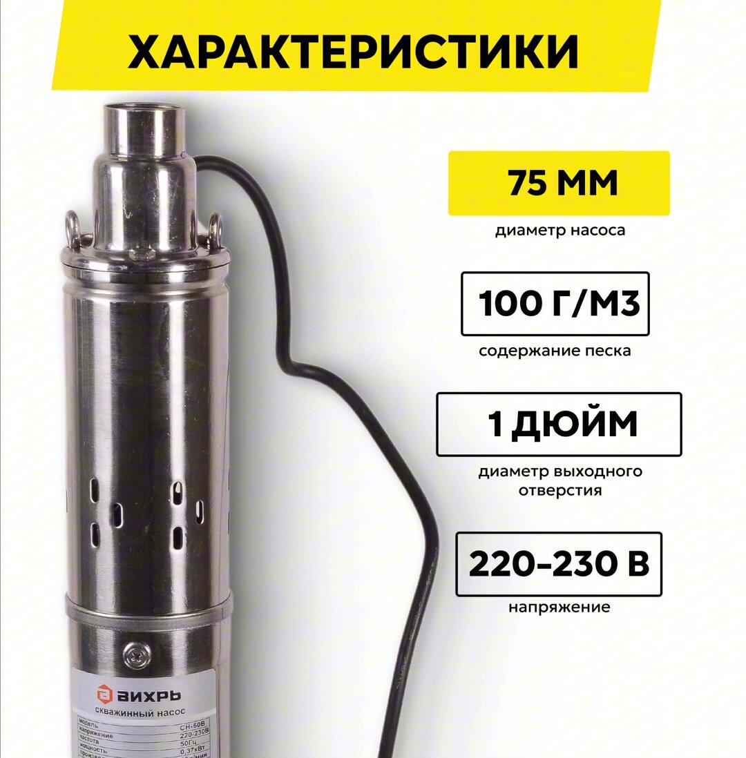 Скважинный насос Вихрь СН-60B, 370 Вт, высота подъема – 60 м, 25 л/мин, 1” — фото 1