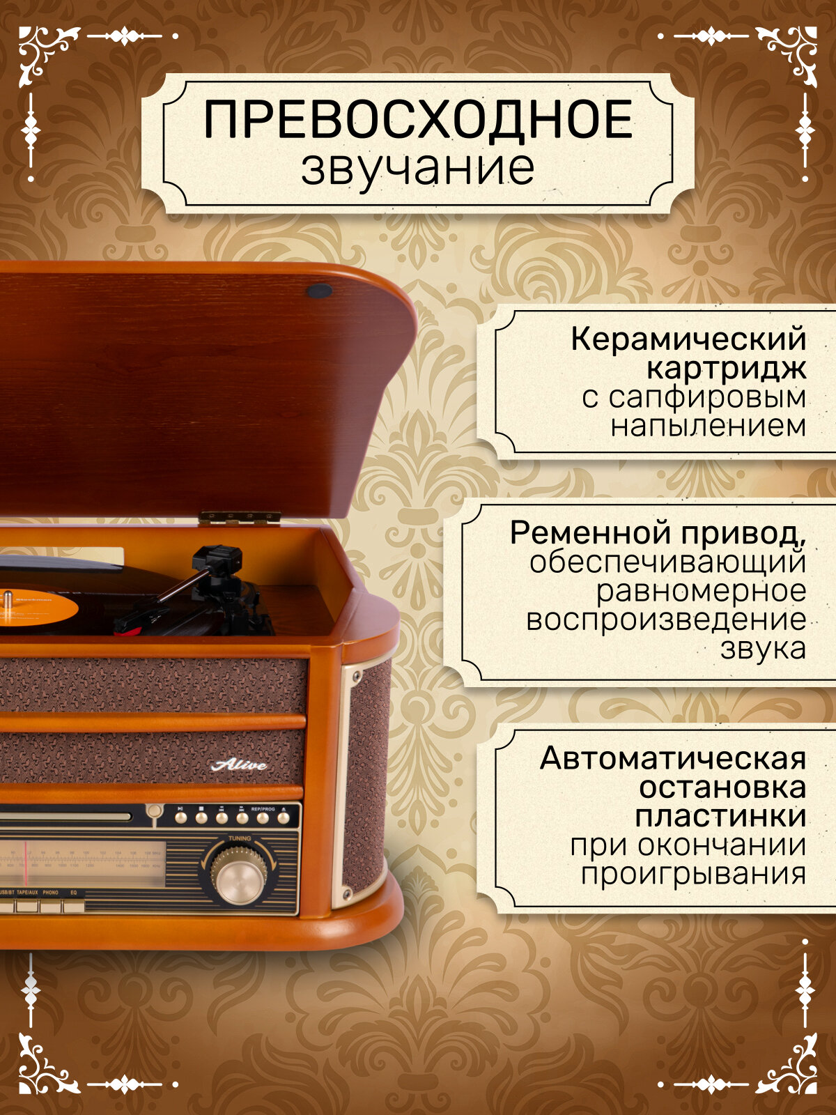 Виниловый проигрыватель Alive Audio OLDTIMER Wood с FM-приемником — фото 1