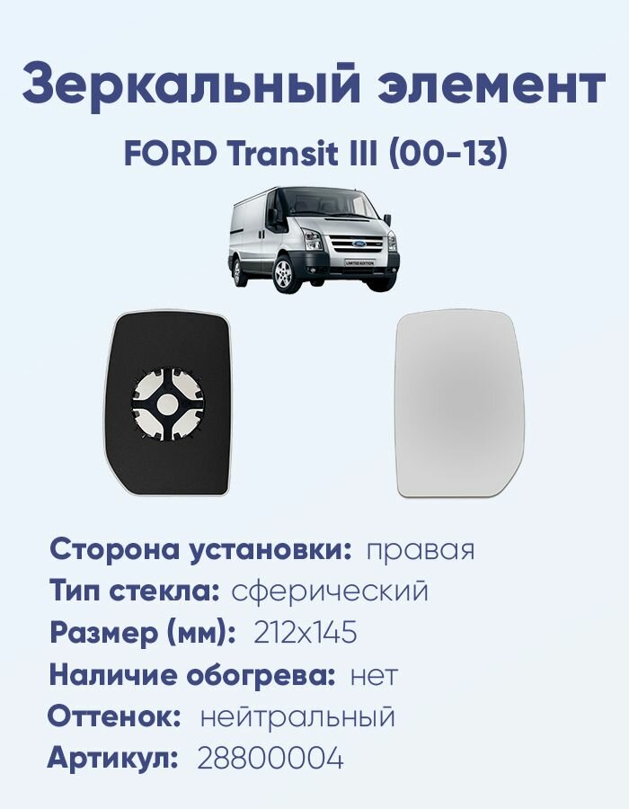 Зеркальный элемент правый FORD Transit III (00-13) сфера нейтральный без обогрева