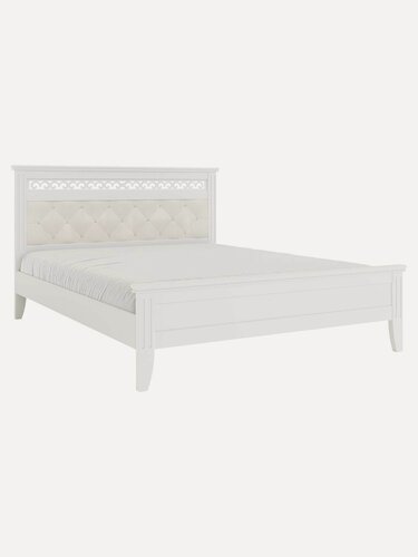 Изображение товара Двуспальная кровать Аврил 160х200 см деревянная, с анатомическим основанием, с мягким изголовьем, Массив Сосны Белый античный / Бежевый, велюр