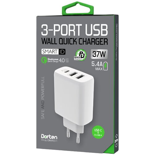 Зарядное устройство сетевое Dorten 3-Port USB Smart ID Wall Quick Charger QC4+/PD3.0+ 37W 5.4A White