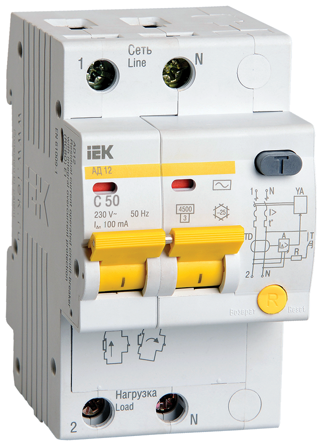 Выключатель автоматический дифференциального тока 2п C 50А 100мА тип AC 4.5кА АД-12 IEK MAD10-2-050-C-100 (5шт. в упак.)