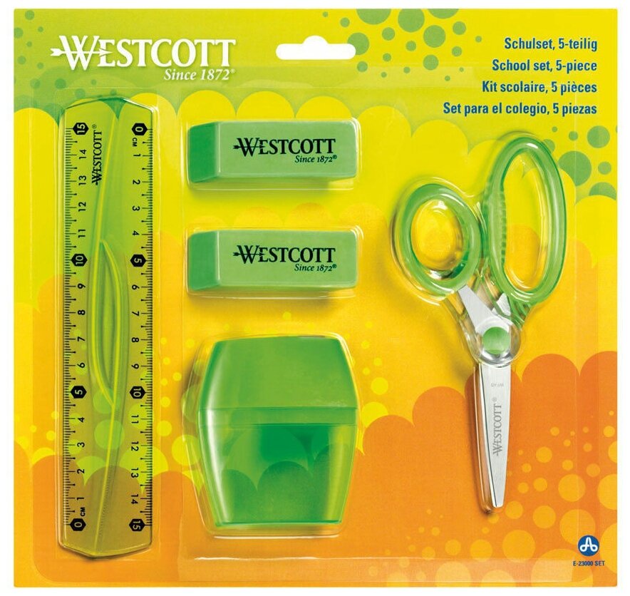 Набор 5 пред. WESTCOTT ножницы MICROBAN 5,5', линейка 15 см, точилка 2 отв, ластик 2 шт, цвет зеленый, блистер.