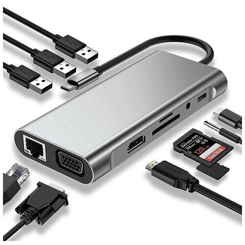 USB-концентратор с Type-C HDMI | RJ-45 | VGA | 3xUSB 3.0 | AUX | Type-C | SD | TF | PD противоударный силиконовый чехол для планшета apple ipad 7 10 2 2019 pro 10 5 2017 air 3 2019 8 10 2 2020 цветочная лужайка