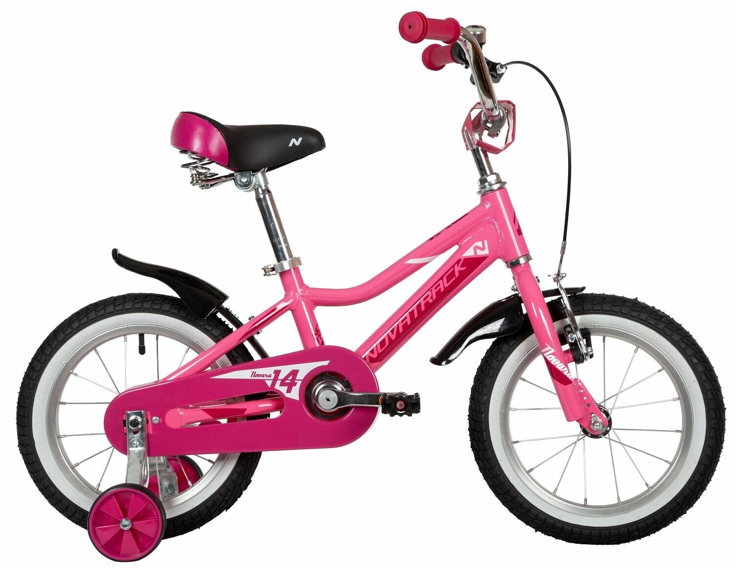 Велосипед NOVATRACK NOVARA 14" (2022) (Велосипед NOVATRACK 14" NOVARA алюм, розовый, пер. руч, зад. нож. тормоз, короткие крылья, полная за)