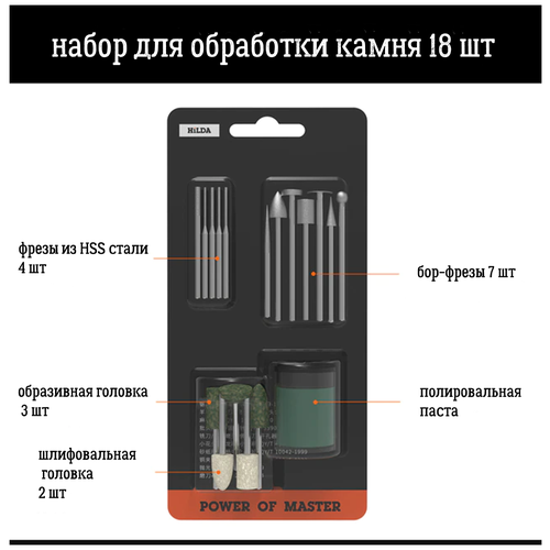 Набор для обработки камня 18 предметов / HSS фрезы / абразивные камни / шлифовочная паста / оснастка для гравера