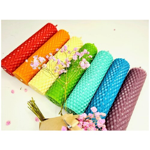 Свеча из вощины, чакровый набор 7 шт. / Декоративная экологическая свеча, разноцветные