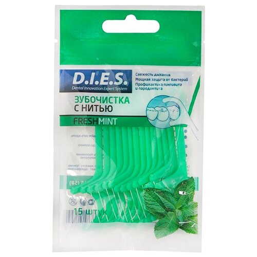 D.I.E.S. Зубочистки с нитью Мята, 13 г, мята, зеленый