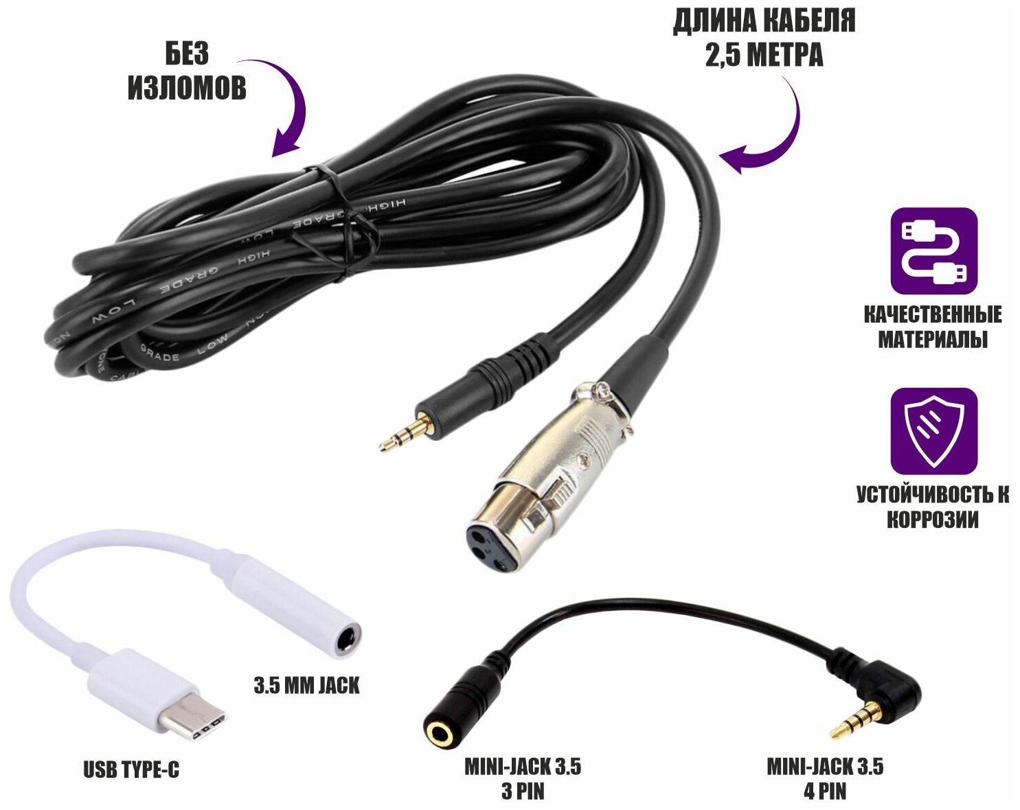 Кабель XLR-Jack 3.5 для микрофона 2.5 м с угловым переходником mini Jack 3.5 мм и адаптером для подключения к телефону с разъемом USB Type-C